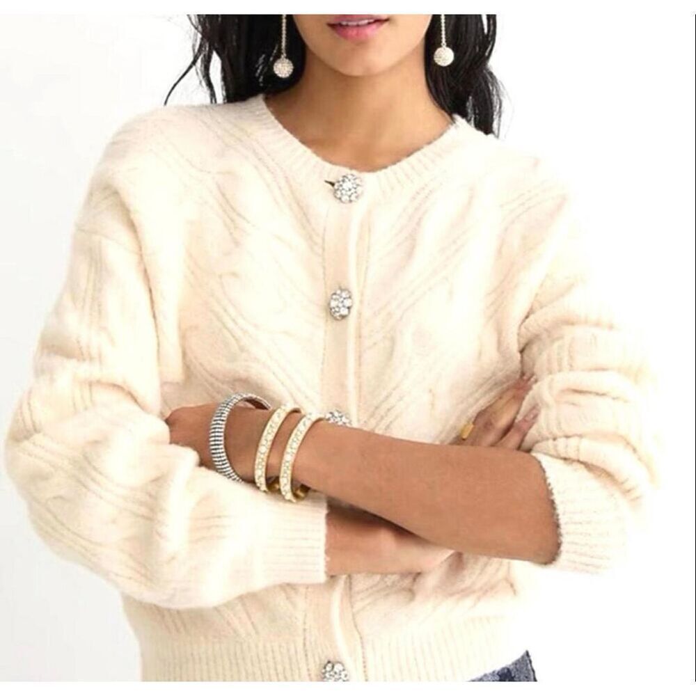 NWT J Crew Cable-knit cardigan sweater with jewel buttons, $138 Lrg